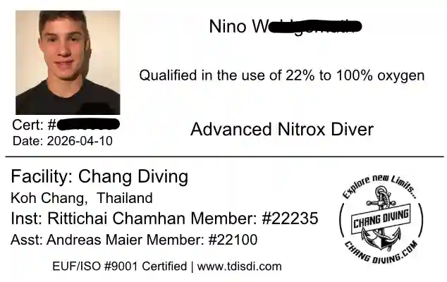 Nino W.: TDI Advanced Nitrox certification card
