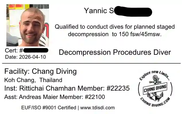 Yannic S.: TDI Decompression Procedures certification card
