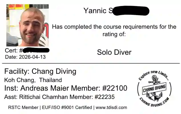 Yannic S.: SDI Solo Diver certification card